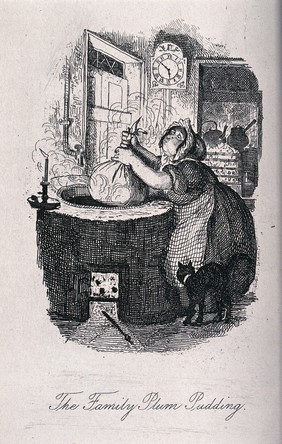 A woman takes a large plum pudding in a cloth bag off a hot stove in a kitchen. Etching by R. Seymour.