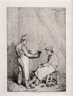 view A cook complains about a burnt dish to another cook who is chopping onions. Etching by T. Ribot.