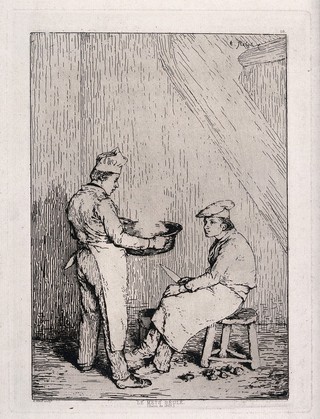 A cook complains about a burnt dish to another cook who is chopping onions. Etching by T. Ribot.