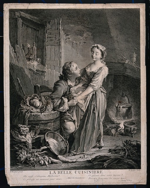 A young boy pulls at the hand of a girl who is holding eggs in her apron. Engraving by P. Aveline after F. Boucher.