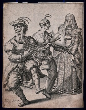 view A masquerade: two men in masks pretend to play musical instruments for a young woman who is wearing a veil. Engraving after Jacques de Gheyn II.