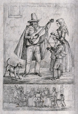 view Above, a family of street musicians playing the guitar, the triangle and the fiddle; below, five men in military uniforms at table, with a servant bringing in a roast pig. Etching by Ferdinand, King of Portugal, 1844.