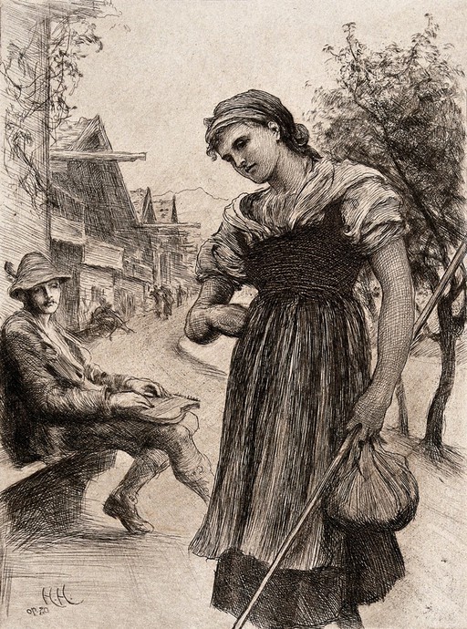 A young man sits on a bench in the street playing a musical instrument as he watches a young girl walk past. Etching by Hubert Herkomer after himself.