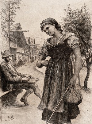 view A young man sits on a bench in a Bavarian street playing the zither as he watches a young woman walk past. Etching by Hubert Herkomer.