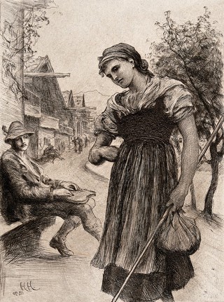 A young man sits on a bench in a Bavarian street playing the zither as he watches a young woman walk past. Etching by Hubert Herkomer.