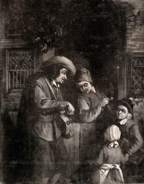 A hurdy-gurdy player standing by the door to a house; the man in the house smokes a pipe at the door, and two children look on. Mezzotint after A. van Ostade.