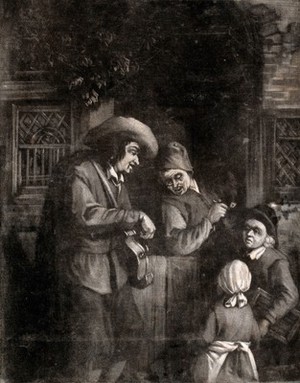 view A hurdy-gurdy player standing by the door to a house; the man in the house smokes a pipe at the door, and two children look on. Mezzotint after A. van Ostade.