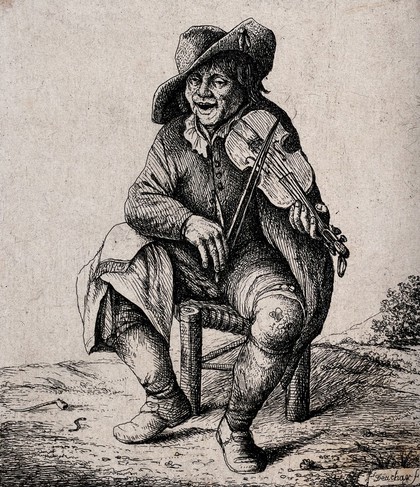 A man is sitting on a stool playing a fiddle. Etching by D. Deuchar.