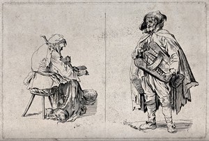 view (Left) an old woman sitting on a stool with a cat and warming her hands at a brazier; (right) an old man playing the hurdy-gurdy. Etching by E. Russell after J. Callot.