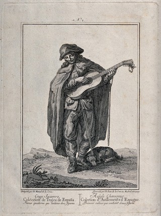 A blind singer wearing a long cloak is playing the guitar. Etching by Juan de la Cruz Cano y Olmedilla after Manuel de la Cruz.