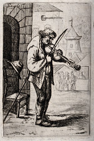 view A man is standing on the edge of a market place playing a fiddle with a bow. Etching by D. Deuchar.