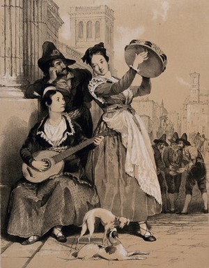 view Rome: a man leans on a stone pillar watching and listening as one girl plays the tambourine and another plays the guitar. Lithograph by T. Allom.