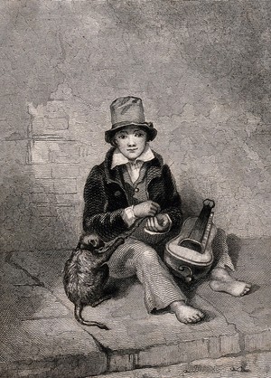 view A boy with a monkey and a hurdy-gurdy, sitting on the pavement. Engraving by T.L. Sanger.