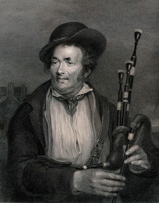 A man holding a set of bagpipes. Engraving by R.C. Bell after Sir D. Wilkie.