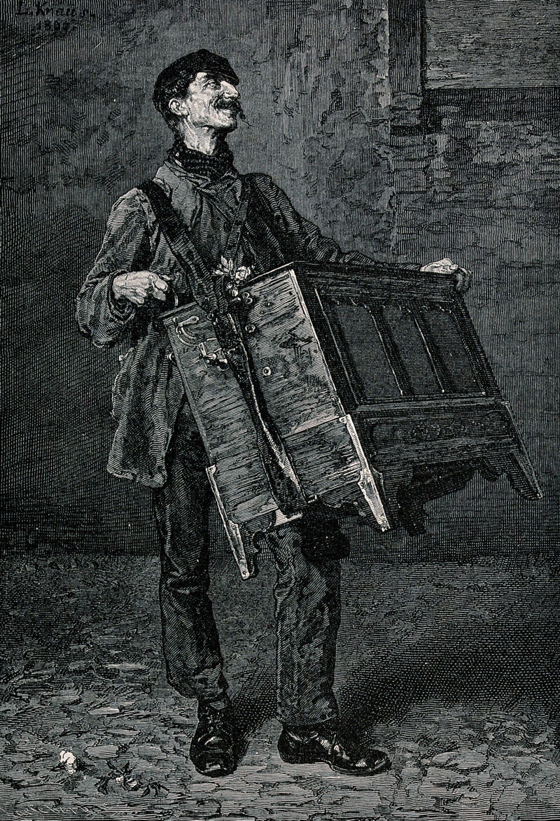 A man playing a barrel organ. Wood engraving by H. Kaeseberg after L. Knaus., 1800-1899, by Ludwig Knaus