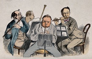 view The woodwind section of an orchestra: four men playing. Coloured wood engraving after A. Oberländer, 1876.