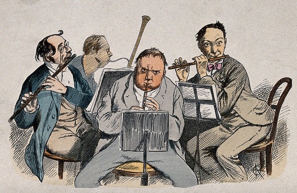 The woodwind section of an orchestra: four men playing. Coloured wood engraving after A. Oberländer, 1876.