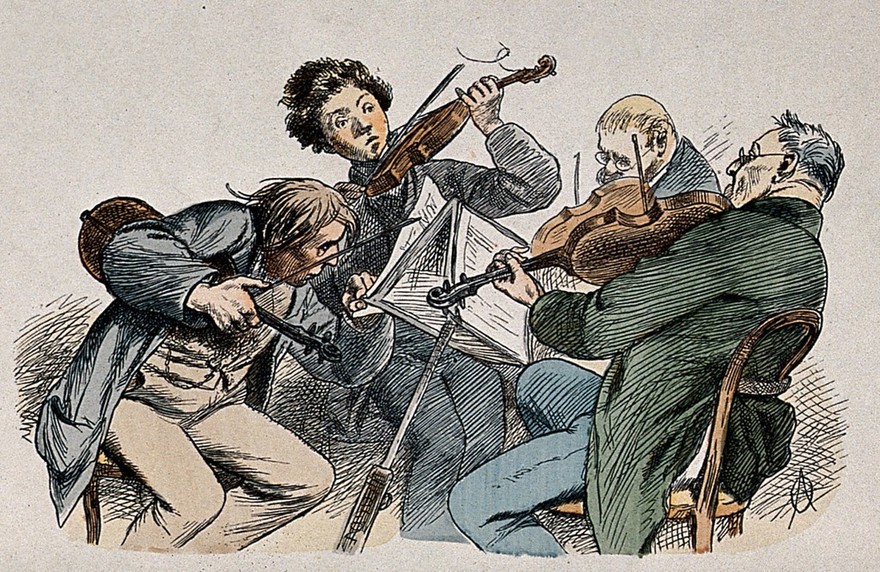 The strings section of an orchestra: three men playing, one man turning the page of the score. Coloured wood engraving after A. Oberländer, 1876.