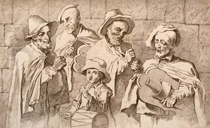 view Four blind men and a boy playing musical instruments and singing. Etching by C. Du Bosc after A. Watteau.