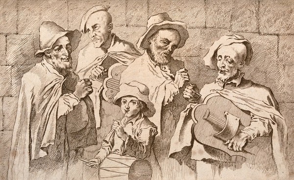 Four blind men and a boy playing musical instruments and singing. Etching by C. Du Bosc after A. Watteau.