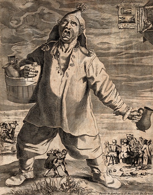 A large man carrying a tankard and a wooden half-barrel is singing, with boys fighting in the background and a party of people at a table. Engraving.