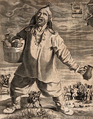 view A large man carrying a tankard and a wooden half-barrel is singing, representing Jean Ramponneau and his drinking establishment in Paris, Engraving, 1760.