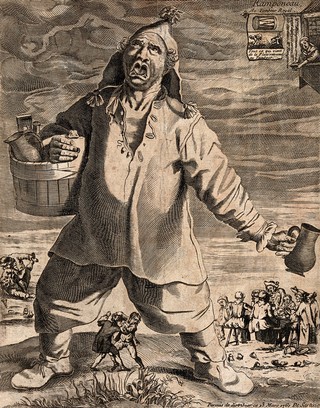 A large man carrying a tankard and a wooden half-barrel is singing, representing Jean Ramponneau and his drinking establishment in Paris, Engraving, 1760.