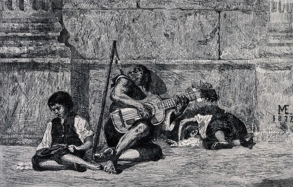 A man holding a guitar is leaning against a wall, two children are lying asleep on the ground beside him. Etching by J.J. Martínez Espinosa.