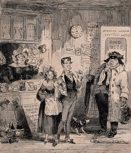 A man with a carpetbag and an umbrella enters a lodging house and asks for a room, but the landlady rejects his request, thinking that his carpetbag identifies him with a man who had defrauded other lodging houses. Wood engraving after Phiz. (Hablot K. Browne).