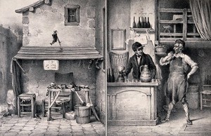 view The workplace of a shoemender next to a tavern: the shoemender has gone next door for a drink in the company of the barman. Lithograph by N.L. Delaunois, 1832, after E.J. Pigal.