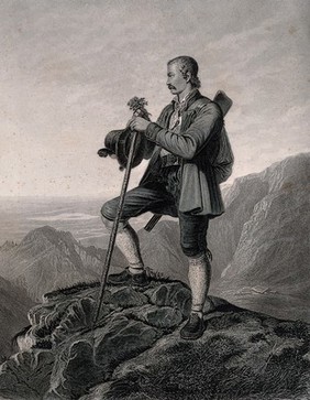 A huntsman in the Tyrol holding a walking stick, a hat and some heather is standing on the top of a hill looking over the land; a gun hangs on his shoulder. Engraving by C.H. Jeens after P. Foltz.