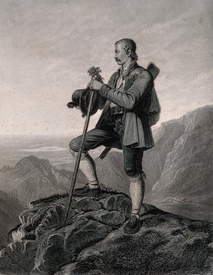 view A huntsman in the Tyrol holding a walking stick, a hat and some heather is standing on the top of a hill looking over the land; a gun hangs on his shoulder. Engraving by C.H. Jeens after P. Foltz.