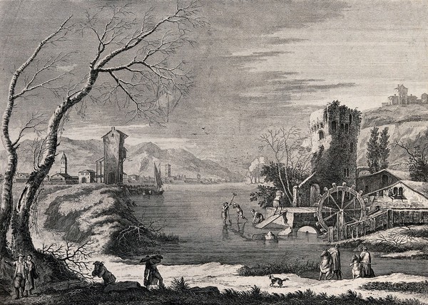 A wintry scene near a frozen river: a man attempting to break the ice with a hammer, another leans on his shovel. Etching by G. Giampiccoli after M. Ricci.