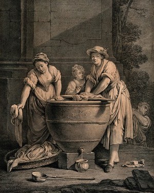 view Two women accompanied by a child are washing clothes in a large vessel. Engraving by C. Le Vasseur after G. Gambarini.