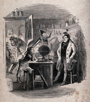 view An episode in Dombey and son by Charles Dickens: the interior of "The wooden midshipman", a shop in the City of London for navigational instruments; a boy ("Rob the Grinder") is conversing with a pugilist known as "The Game Chicken". Etching by Phiz (Hablot K. Browne).