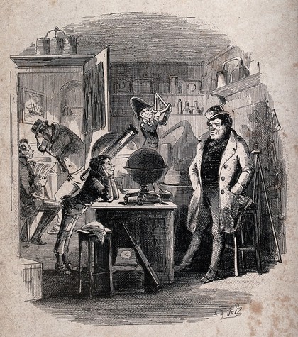 An episode in Dombey and son by Charles Dickens: the interior of "The wooden midshipman", a shop in the City of London for navigational instruments; a boy ("Rob the Grinder") is conversing with a pugilist known as "The Game Chicken". Etching by Phiz (Hablot K. Browne).