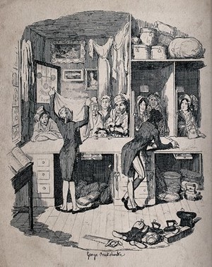 view Two men are standing behind the counter of a pawnbroker's shop in London, examining some articles of clothing which have been brought in to pawn. Etching by George Cruikshank, 1836.