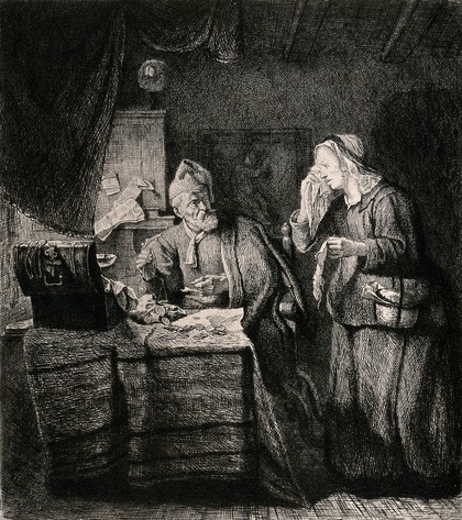 A moneylender visited by a woman customer who is weeping. Etching by Léopold Flameng after Gabriel Metsu.