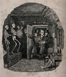 Policemen entering the study of a medical student in search of thieves shoot at a pair of skeletons by mistake Etching by T. Onwhyn, 1844.