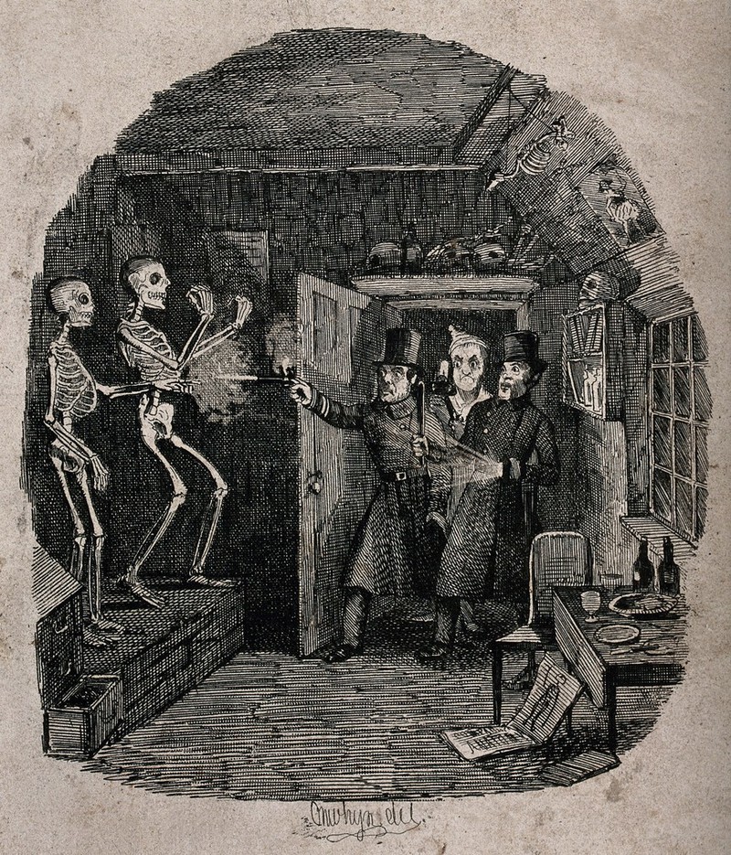 Policemen entering the study of a medical student in search of thieves shoot at a pair of skeletons by mistake Etching by T. Onwhyn, 1844., [1844], by Thomas Onwhyn