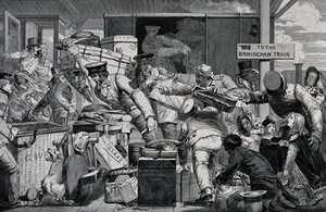 view Gloucester railway station: a number of porters helping passengers to change trains owing to the change of gauge. Wood engraving by W.J. Linton, 1846.