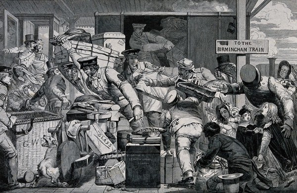 Gloucester railway station: a number of porters helping passengers to change trains owing to the change of gauge. Wood engraving by W.J. Linton, 1846.