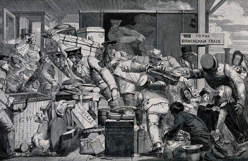 Gloucester railway station: a number of porters helping passengers to change trains owing to the change of gauge. Wood engraving by W.J. Linton, 1846., [1846], by William James Linton