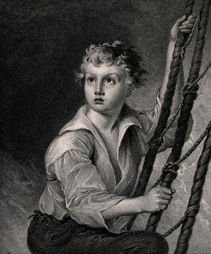 view A boy sailor climbing up riggings. Engraving by W.H. Lizars after W. Nicholson.