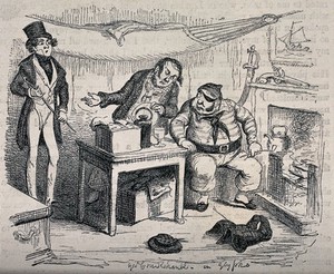 view A man with an eye patch and a pipe is talking to two other men. Glyphograph after George Cruikshank.