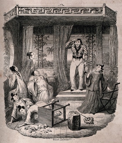 A British sailor in Zhoushan, China, is charged with entering a house and delivering a love-letter from another sailor to one of the women in the house: they react with consternation. Etching after Robert Cruikshank, 1843.