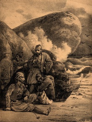 view A group of men wait by the rocks on a beach with a small boat nearby. Lithograph by G. Engelmann.