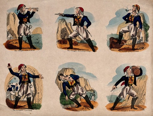 A smuggler shown at different stages and points of his chosen profession. Hand-coloured etching.