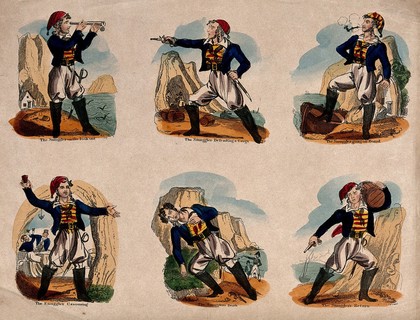 A smuggler shown at different stages and points of his chosen profession. Coloured etching (?).