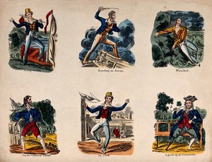 view A sailor at different stages in his chosen occupation. Coloured etching (?).